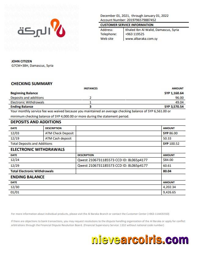 Syria  Al Baraka bank statement